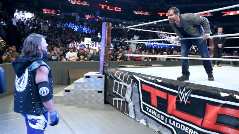 AJ Styles versus Dean Ambrose in a Tables, Ladders, And Chairs match for the WWE World Championship (Photo: WWE)